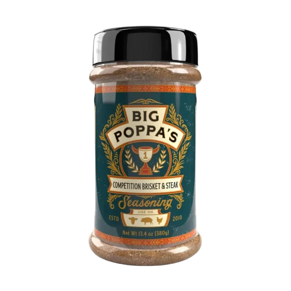 Jar of Big Poppa's seasoning on a white background
