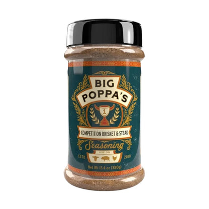 Jar of Big Poppa's seasoning on a white background