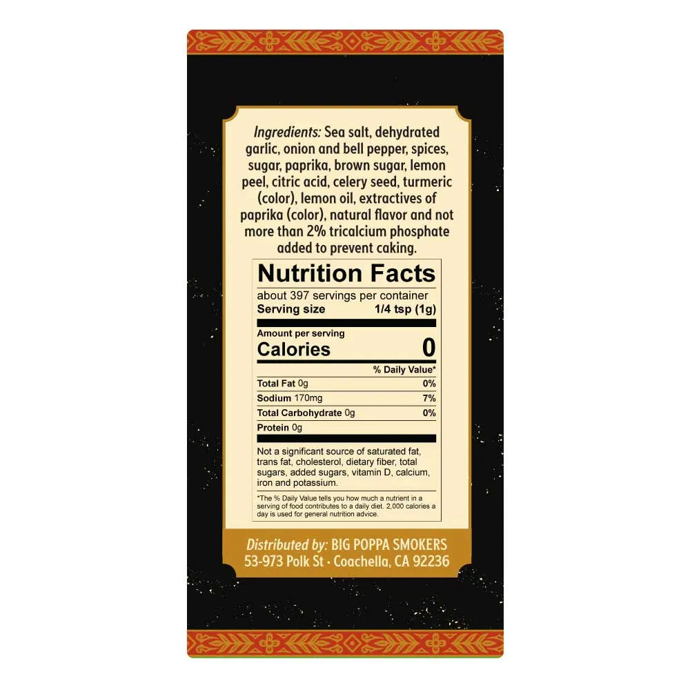 Nutrition facts label on Big Poppa's Double Secret Season packaging with a black background and orange text.