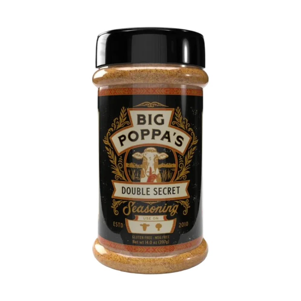 Jar of Big Poppa's Double Secret seasoning on a white background