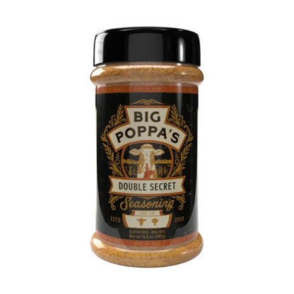 Jar of Big Poppa's Double Secret seasoning on a white background