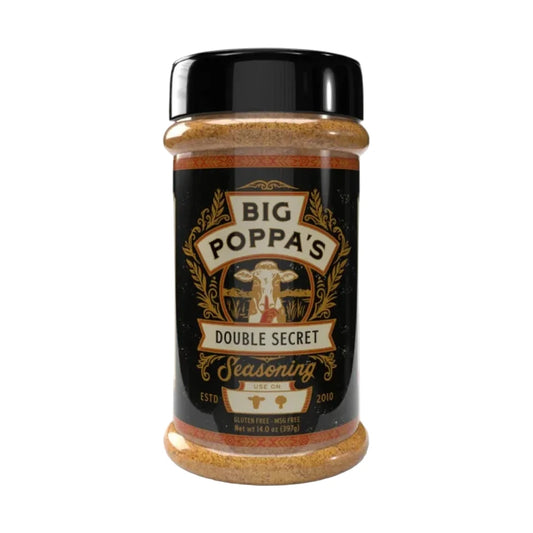 Jar of Big Poppa's Double Secret seasoning on a white background