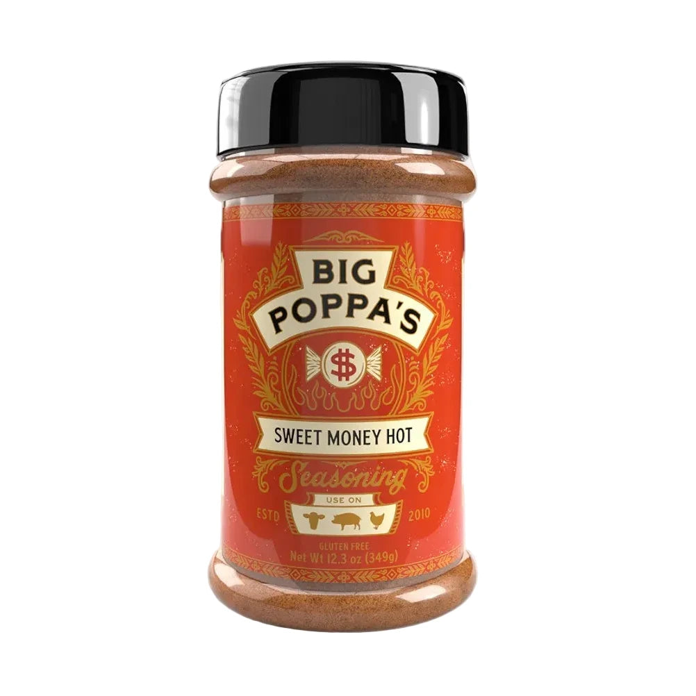 Jar of Big Poppa's Sweet Money Hot seasoning on a white background