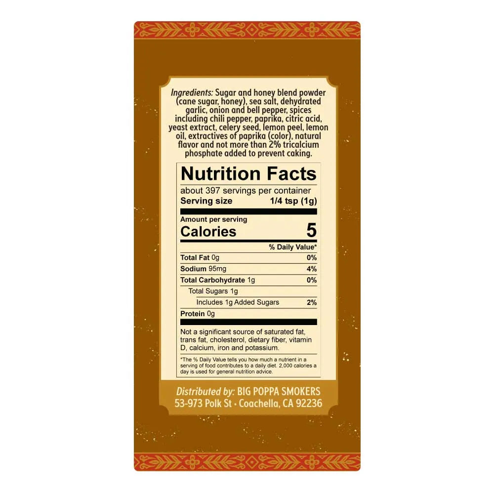 Nutrition facts label on a product packaging with a brown border.