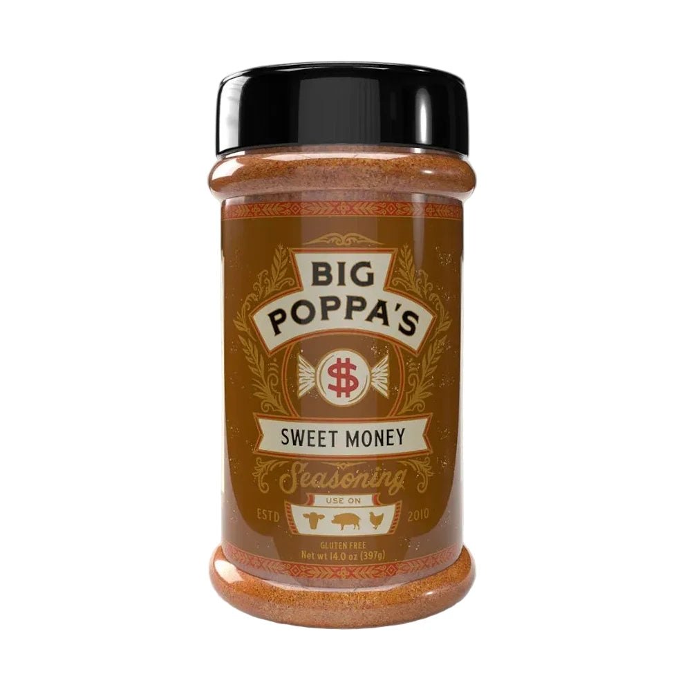 Jar of Big Poppa's Sweet Money seasoning on a white background