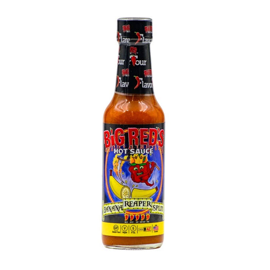 Bottle of Big Red's Banana Reaper Split hot sauce with colorful label on a white background