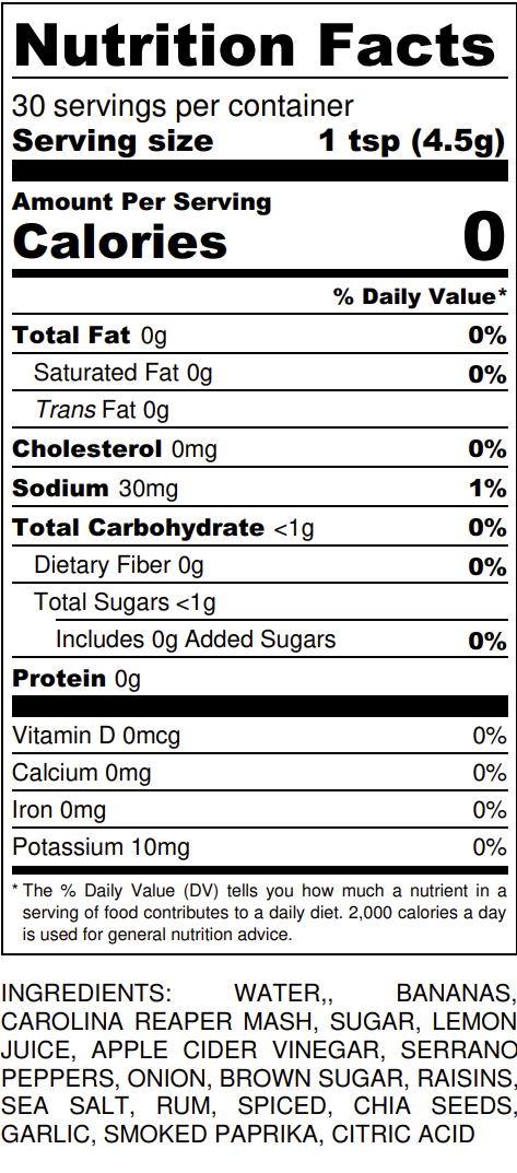 Nutrition facts label for Big Red's Banana Reaper Split Hot Sauce