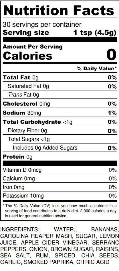 Nutrition facts label for Big Red's Banana Reaper Split Hot Sauce