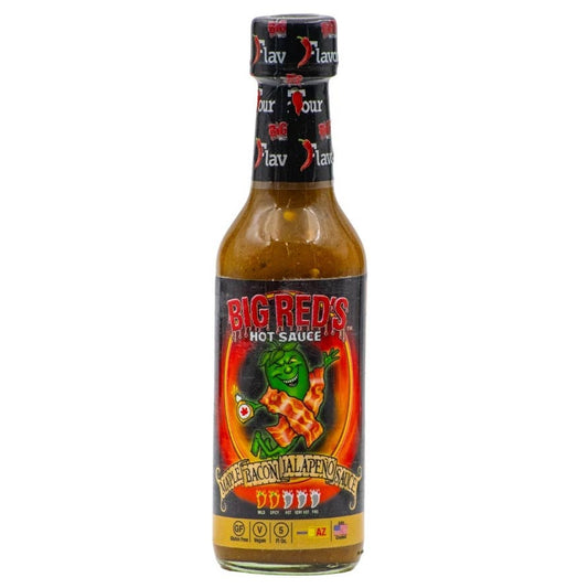 Bottle of Big Red's Maple Bacon Jalapeno hot sauce on a white background