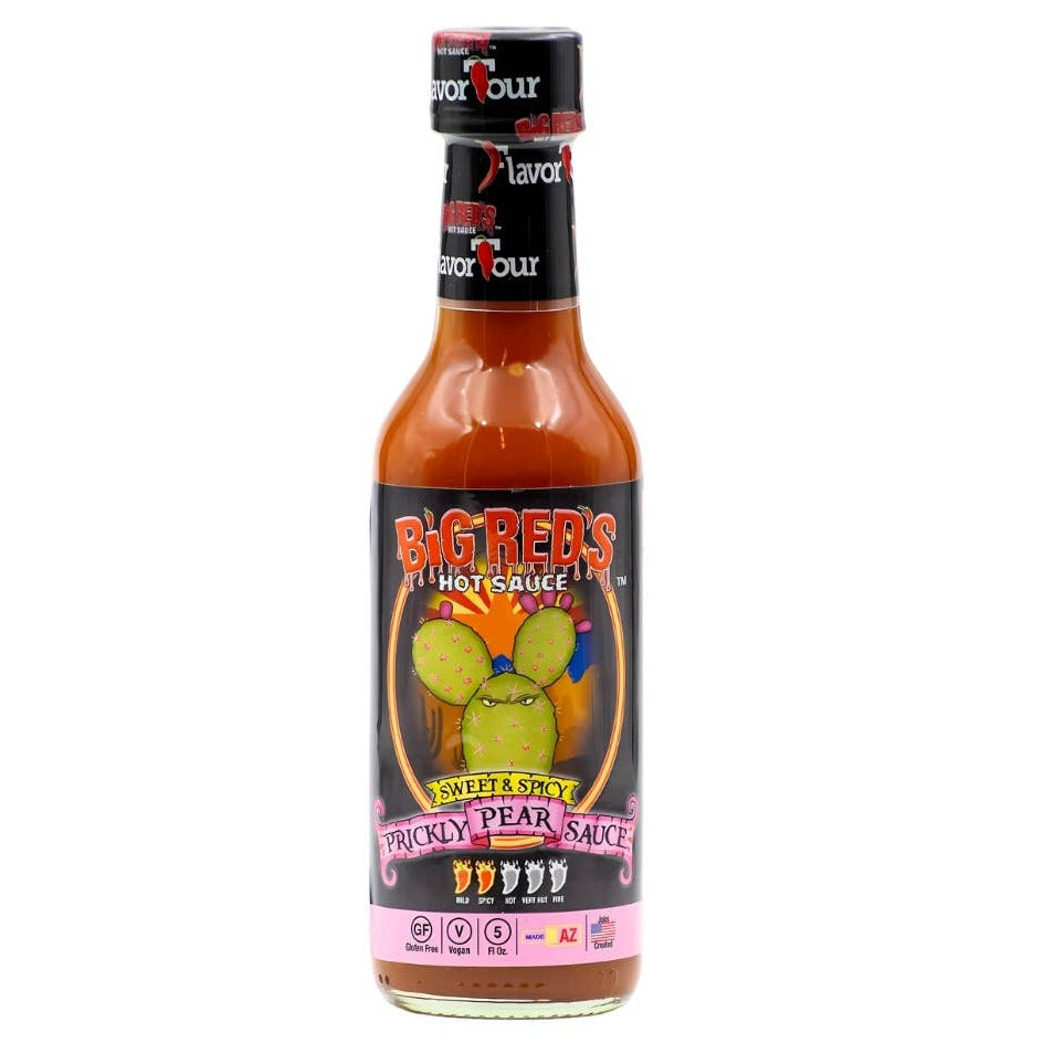 Bottle of Big Reds Prickly Pear Hot Sauce on a white background