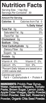 Nutrition facts label for Big Red's Prickly Pear Hot Sauce with detailed information on calories, fat content, and ingredients.