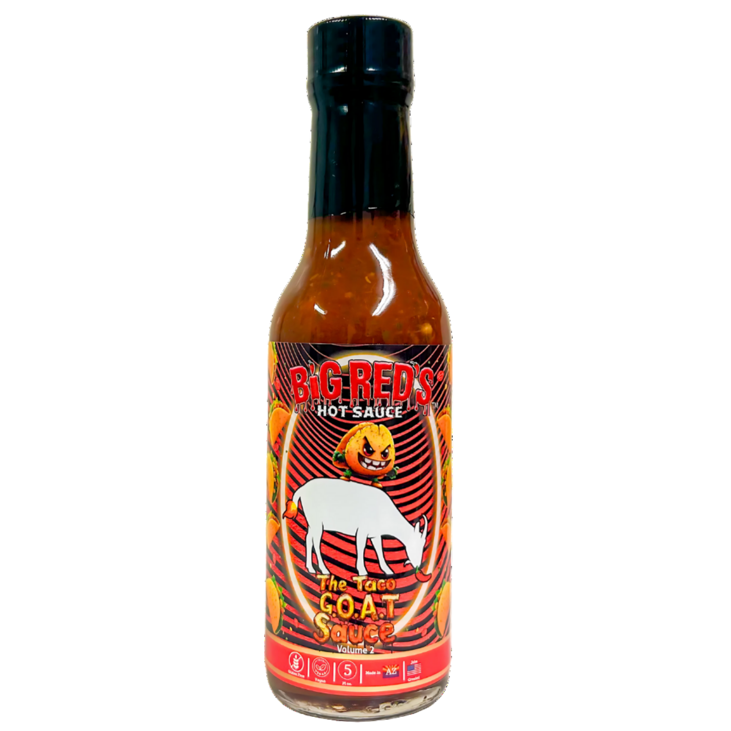 Bottle of Big Reds Taco Goat Volume 2 hot sauce with a black cap on a white background