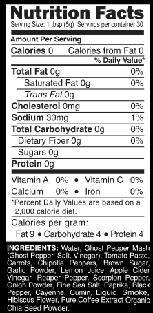 Nutrition facts label for Big Red's 3 Kings Hot Sauce