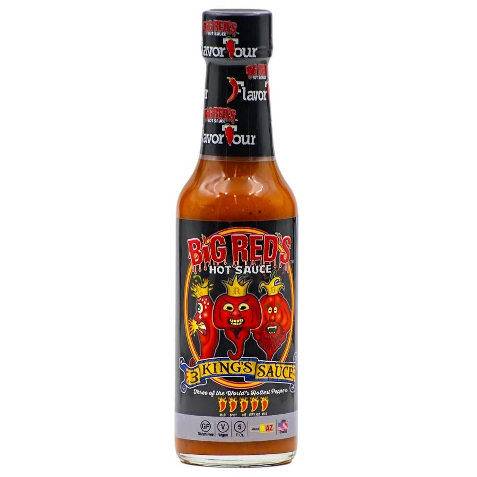 Bottle of Big Red's Hot Sauce on a white background