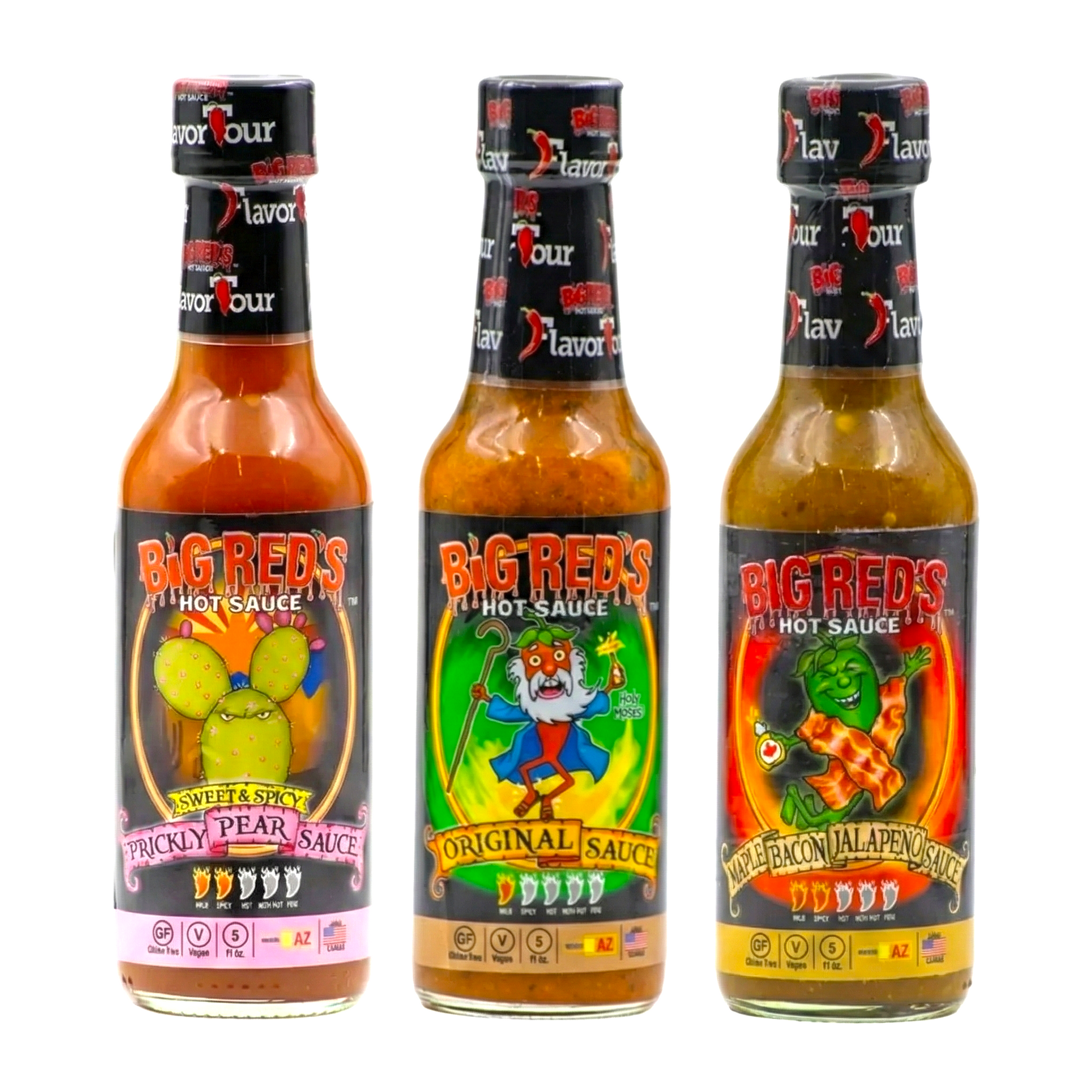 Three bottles of Big Red's hot sauce with colorful labels on a white background