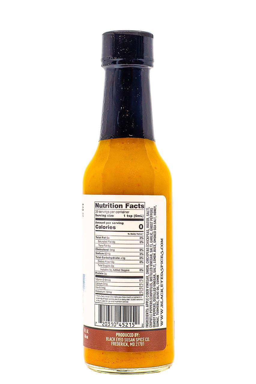 Bottle of Black Eyed Susan Chickpotle hot sauce with nutritional information