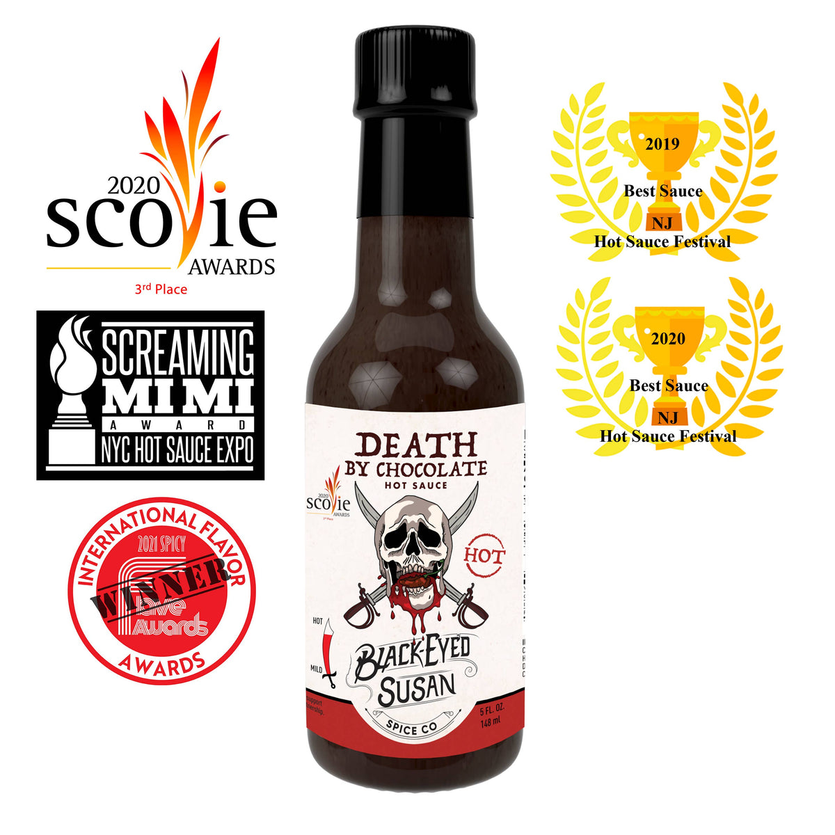 A bottle of Death by Chocolate Hot Sauce centered on a white background, surrounded by award badges including 2020 Scoie Awards, Screaming Mimi Awards, and 2020 Best Sauce at the NYC Hot Sauce Festival.