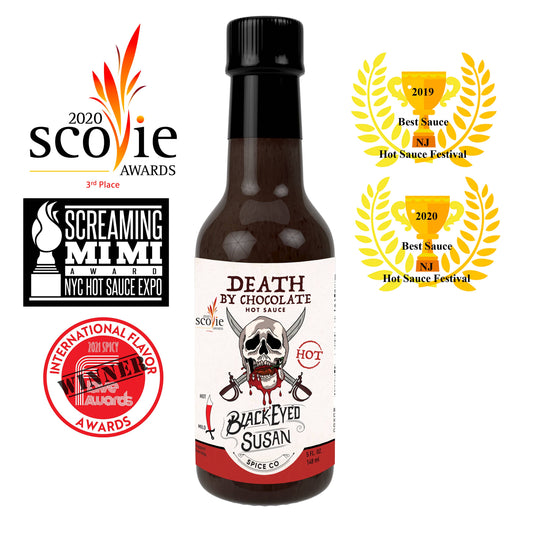 A bottle of Death by Chocolate Hot Sauce centered on a white background, surrounded by award badges including 2020 Scoie Awards, Screaming Mimi Awards, and 2020 Best Sauce at the NYC Hot Sauce Festival.