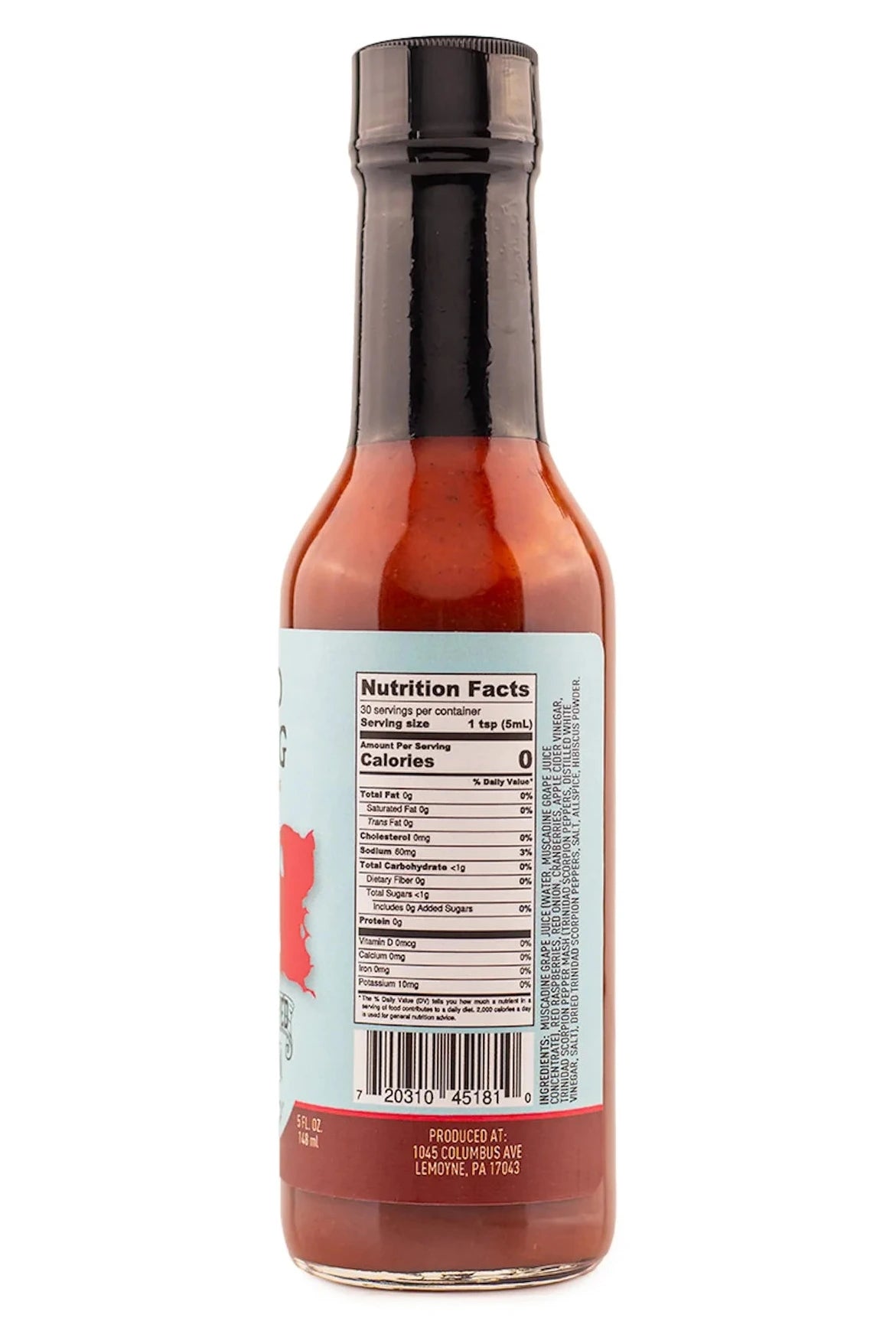 Bottle of Black Eyed Susan Red Flag hot sauce with nutrition facts label on a white background