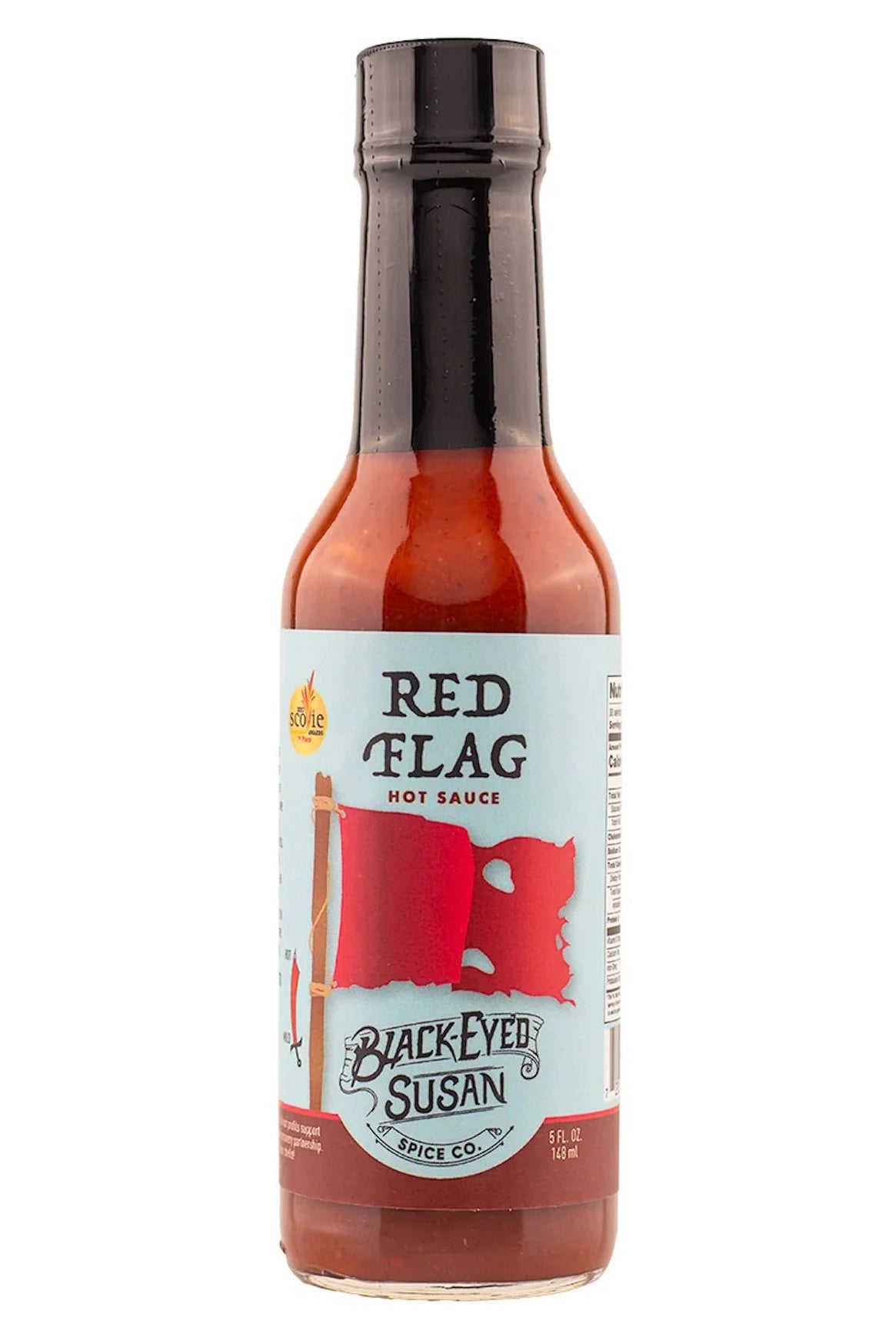 Bottle of Red Flag hot sauce from Black Eyed Susan on a white background