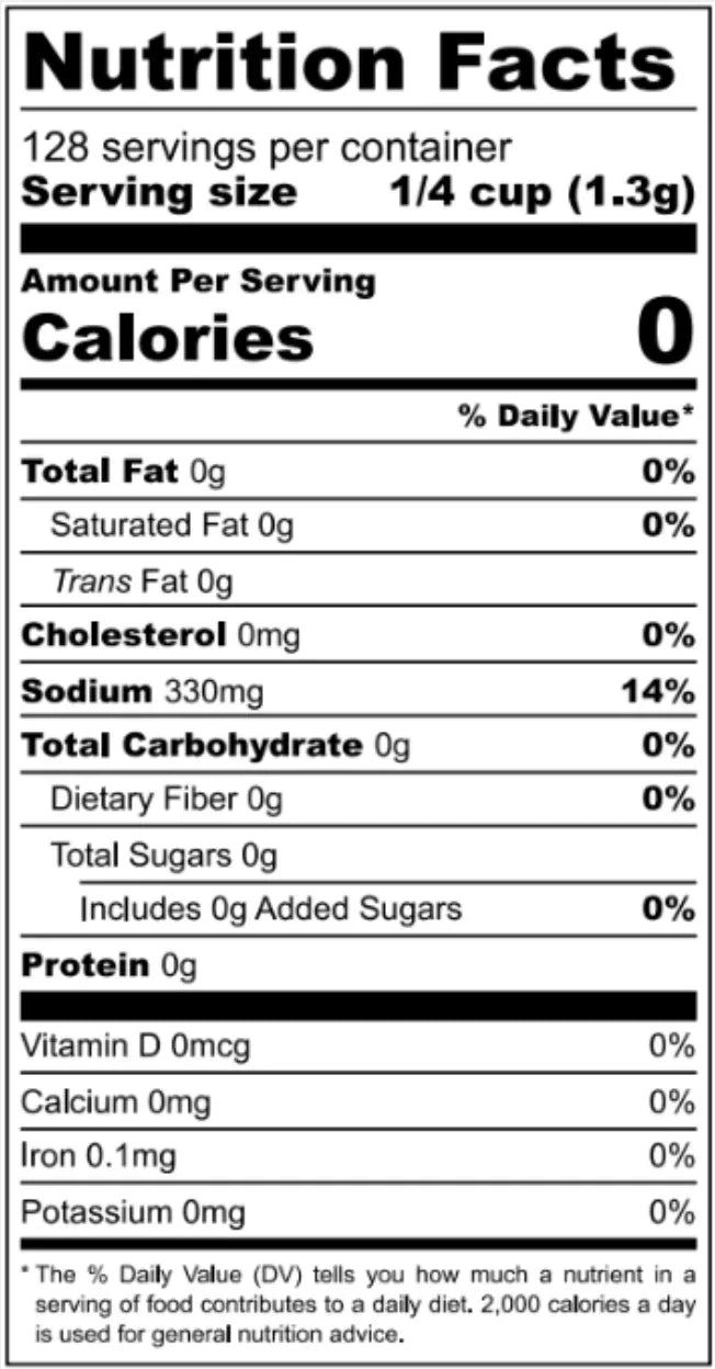 Nutrition facts label with serving size, calories, and various nutrient values.