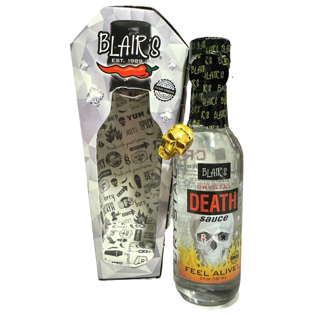 Bottle of Blair's Crystal Death Sauce with packaging on a white background