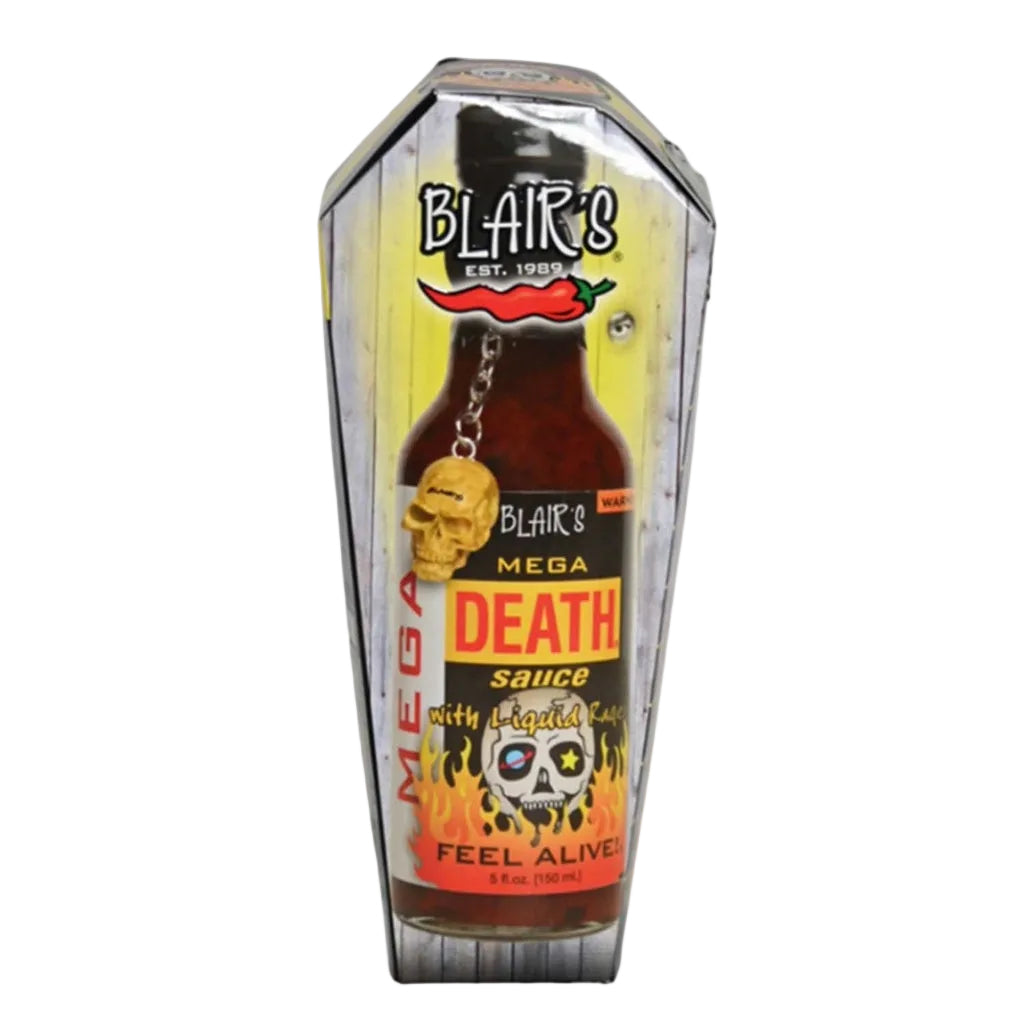 Blair's Mega Death sauce bottle with packaging on a white background