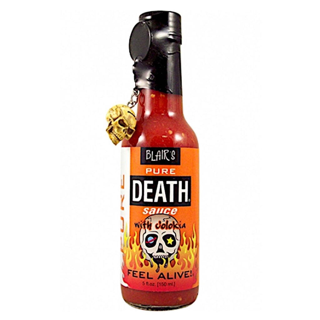 Bottle of Blair's Pure Death hot sauce with a skull design on a white background