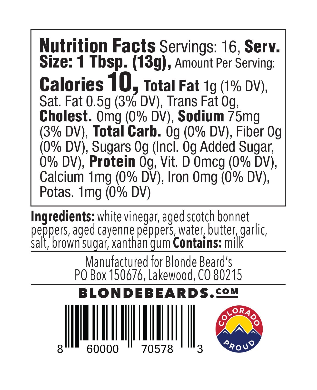 Nutrition facts label and ingredients list for Blonde Beards Holy Hell Buffalo sauce on a white background.