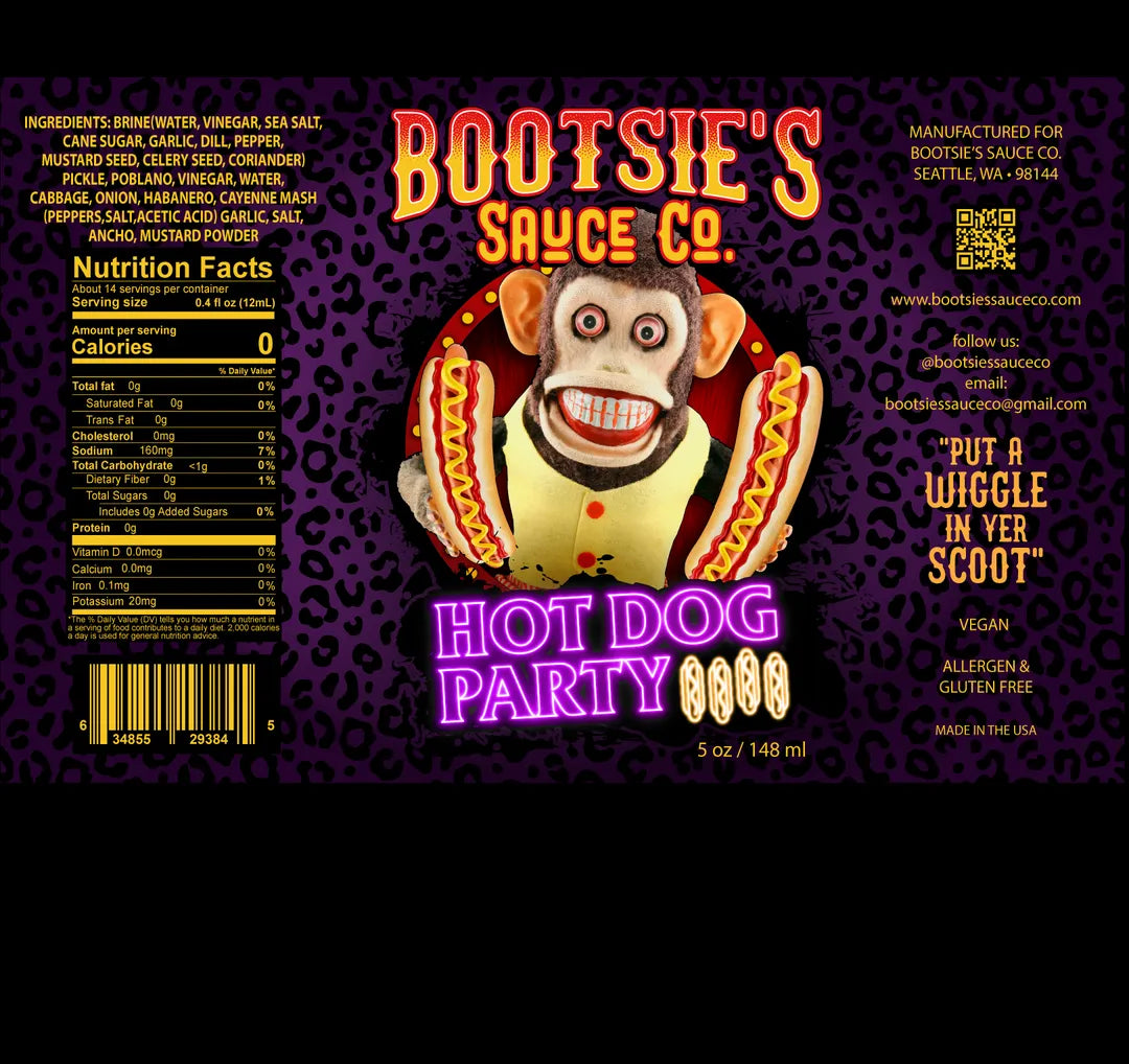 Bootsie's Sauce Co hot dog party sauce label with monkey graphic and vibrant colors.
