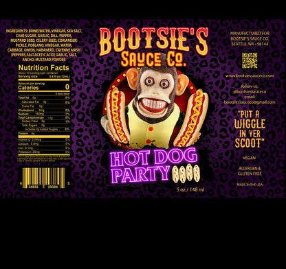Bootsie's Sauce Co hot dog party sauce label with monkey graphic and vibrant colors.