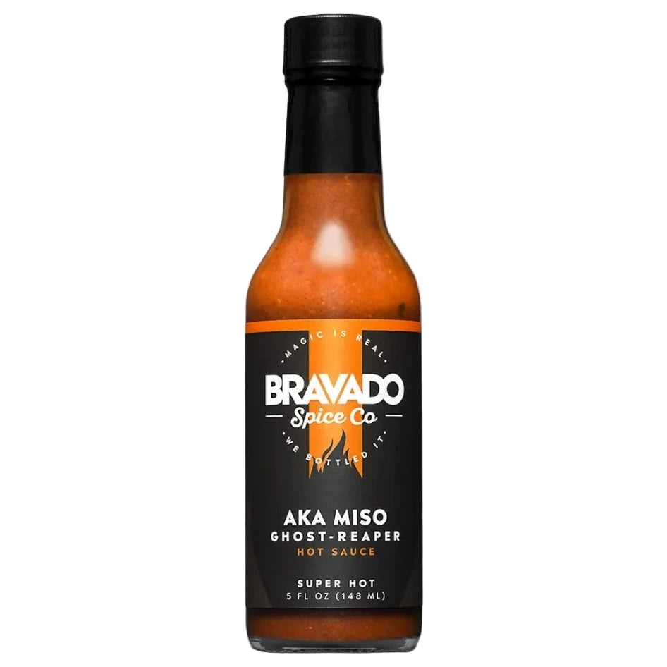 Bravado Spice Co AKA Miso Ghost Reaper hot sauce bottle on a white background