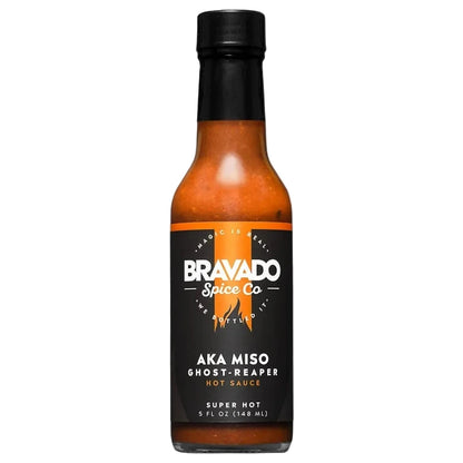 Bravado Spice Co AKA Miso Ghost Reaper hot sauce bottle on a white background