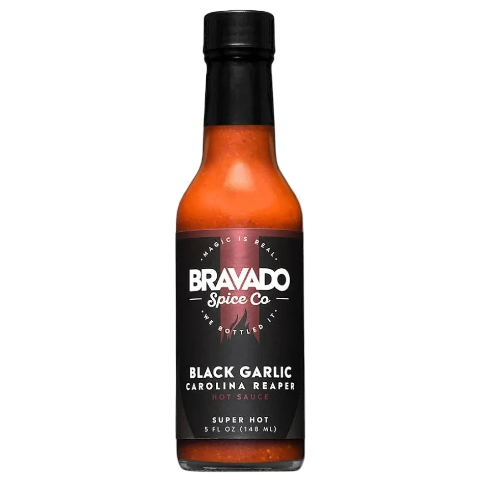 Bravado Spice Co. Black Garlic Carolina Reaper hot sauce bottle 