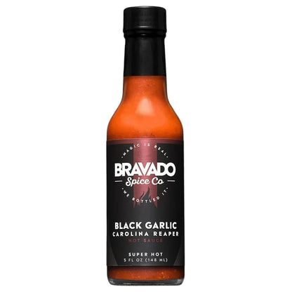 Bravado Spice Co. Black Garlic Carolina Reaper hot sauce bottle 