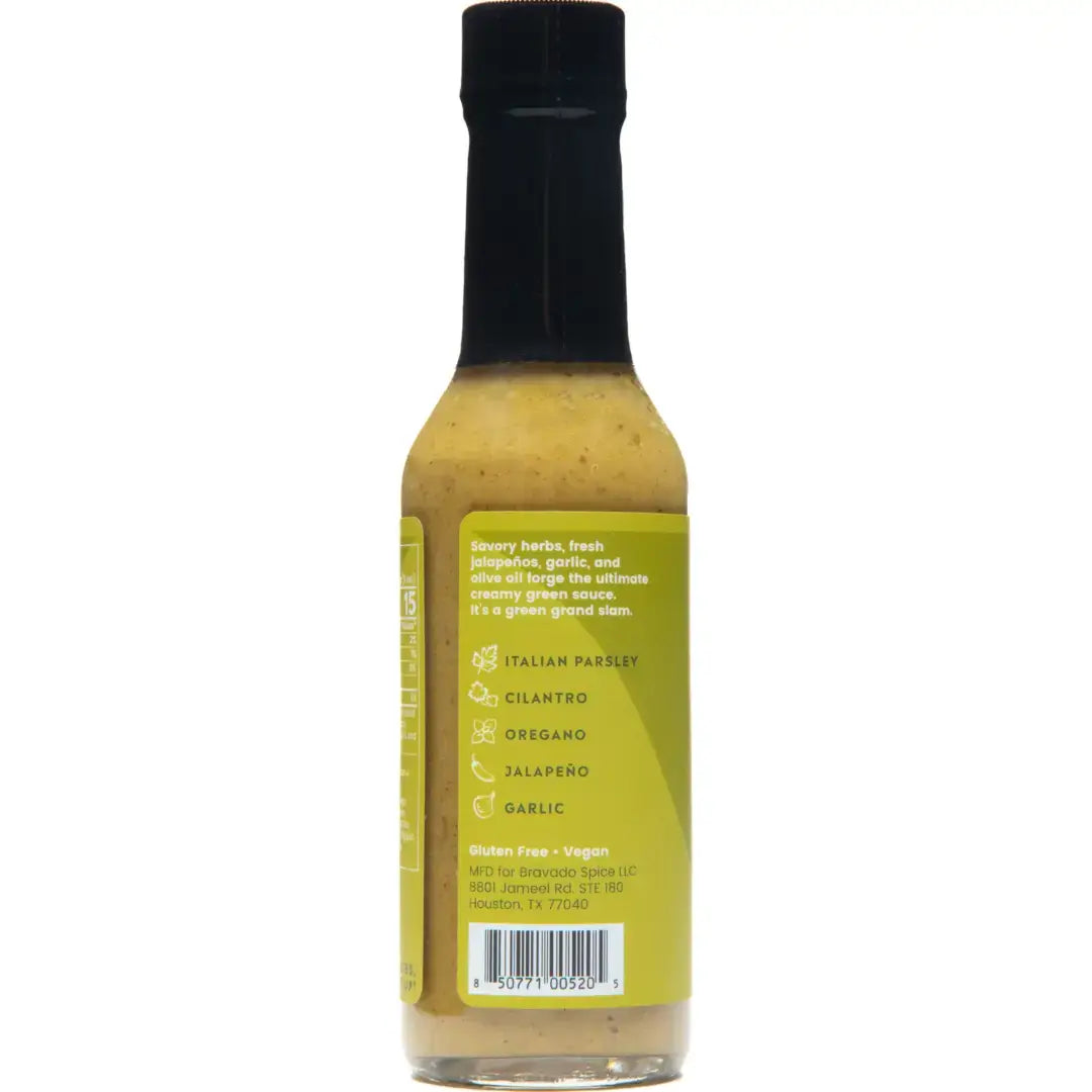 Bottle of Bravado hot sauce with label on a white background