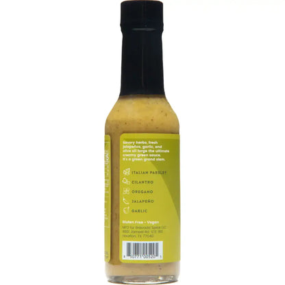 Bottle of Bravado hot sauce with label on a white background