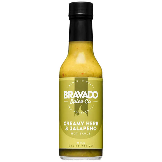 Bottle of Bravado Spice Co. Creamy Herb & Jalapeno hot sauce on a white background