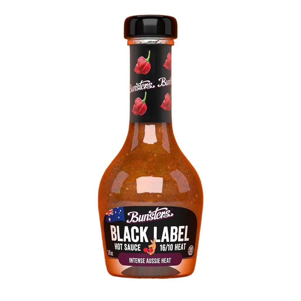 Bottle of Bunsters Black Label hot sauce on an orange background with 'Hot Ones' branding.