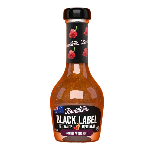 Bottle of Bunsters Black Label hot sauce on an orange background with 'Hot Ones' branding.