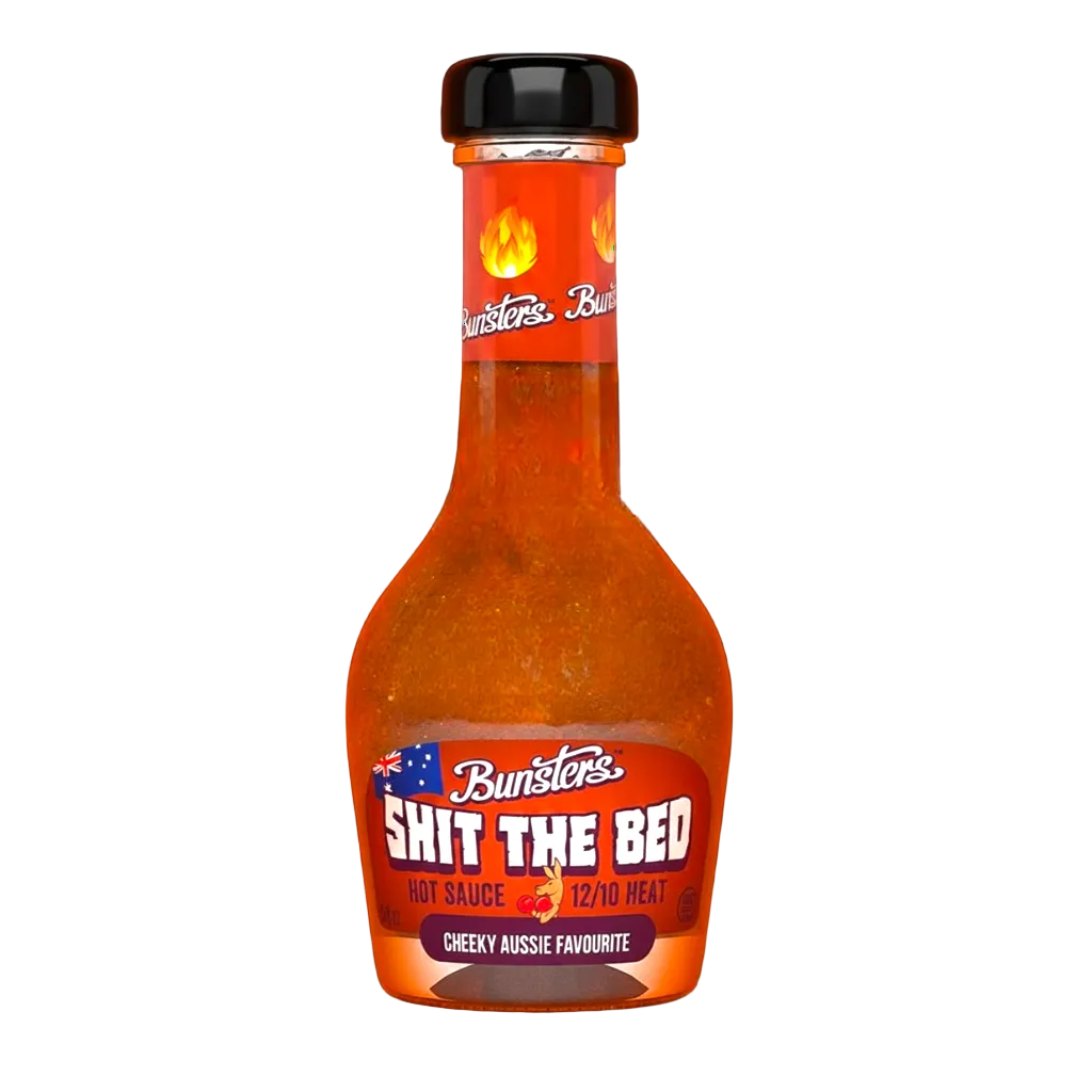 Bottle of Bunster's 'Shit the Bed' hot sauce on a white background
