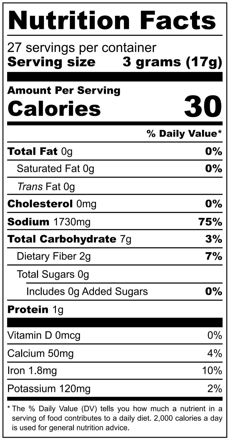 Nutrition facts label for a food product with serving size, calories, and detailed nutritional information.