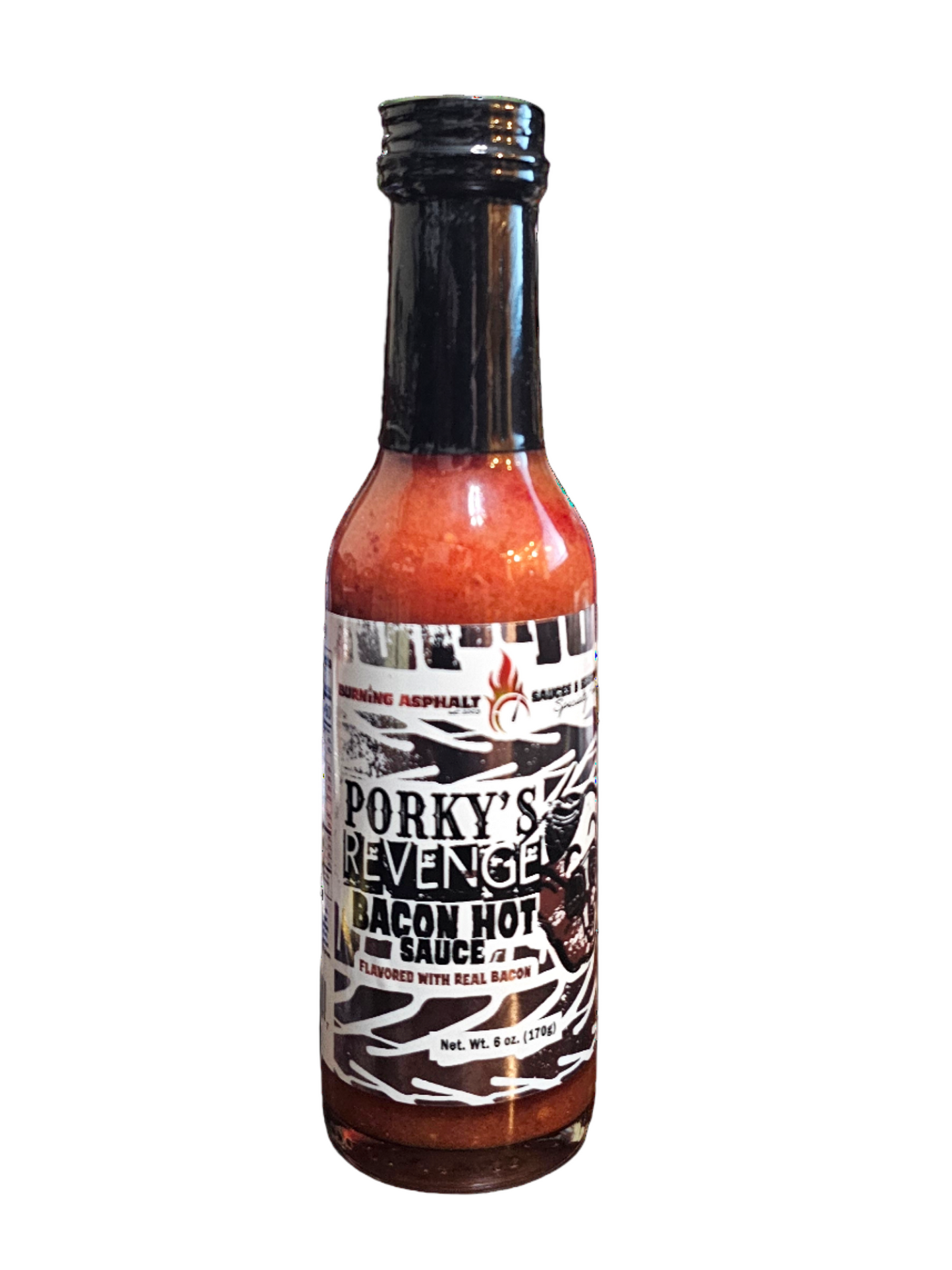 Hot sauce bottle labeled 'Porky's Revenge' on a white background