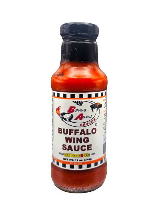 Burning Asphalt Buffalo Wing Sauce bottle on a white background