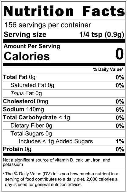 Nutrition facts label for a product with 0 calories per serving