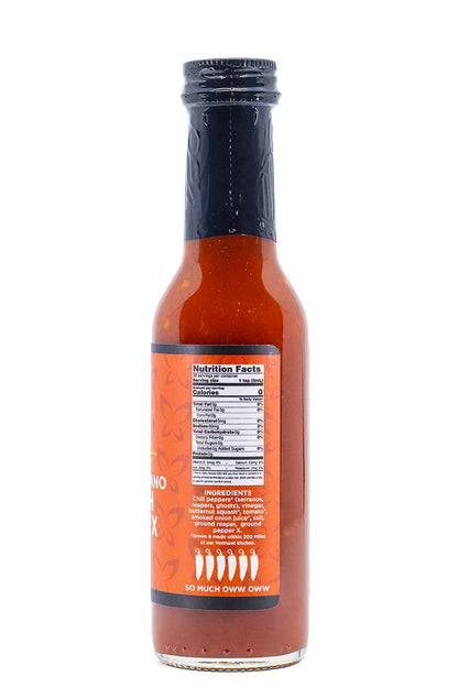 Bottle of Butterfly Bakery Smoked Serrano Squash Reaper X hot sauce with nutritional information on a white background