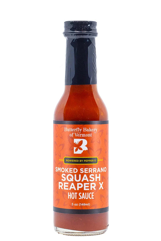 Butterfly Bakery of Vermont Smoked Serrano Squash Reaper X hot sauce bottle with Hot Ones branding on a white background