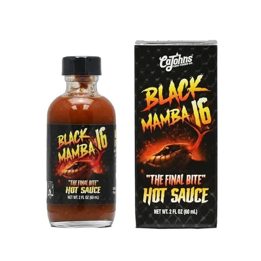 Black Mamba 16 hot sauce bottle and packaging on a white background