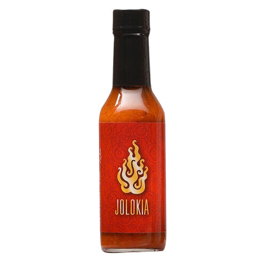 Bottle of Jolokia hot sauce with a black cap on a white background