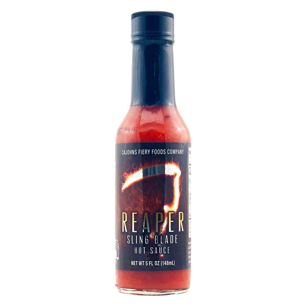 Bottle of Reaper Sling Blade hot sauce on a white background